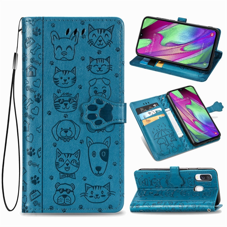 For Galaxy A40 Cute Cat and Dog Embossed Horizontal Flip Leather Case with Bracket / Card Slot / Wallet / Lanyard