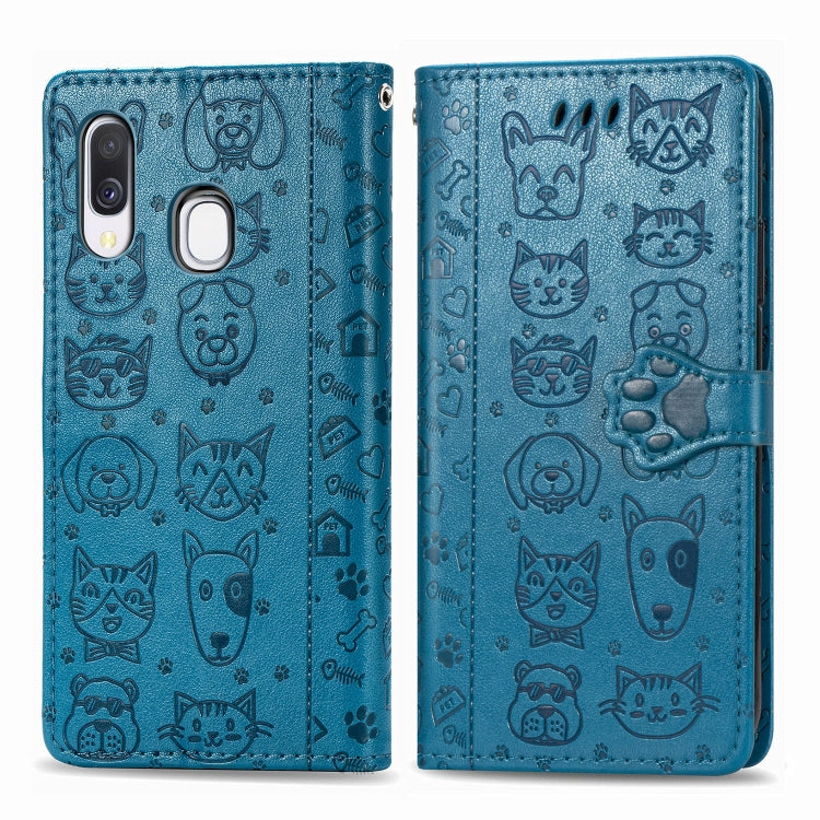 For Galaxy A40 Cute Cat and Dog Embossed Horizontal Flip Leather Case with Bracket / Card Slot / Wallet / Lanyard