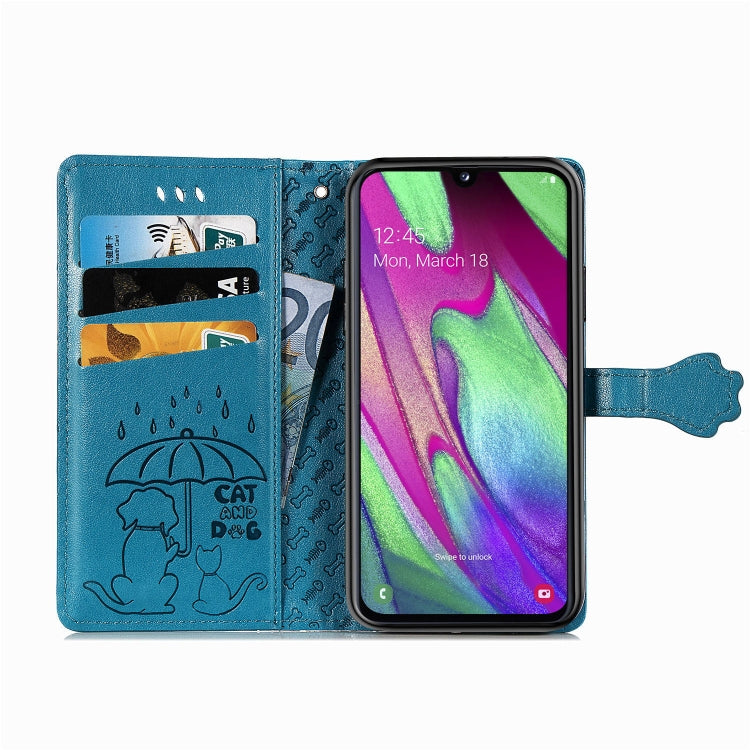 For Galaxy A40 Cute Cat and Dog Embossed Horizontal Flip Leather Case with Bracket / Card Slot / Wallet / Lanyard