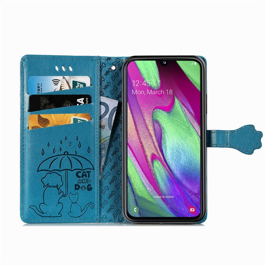 For Galaxy A40 Cute Cat and Dog Embossed Horizontal Flip Leather Case with Bracket / Card Slot / Wallet / Lanyard