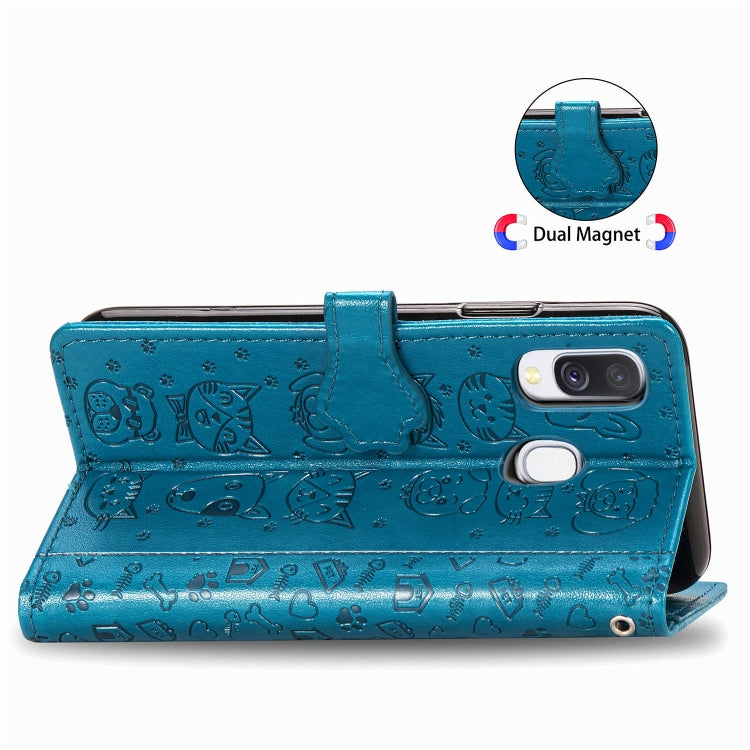 For Galaxy A40 Cute Cat and Dog Embossed Horizontal Flip Leather Case with Bracket / Card Slot / Wallet / Lanyard
