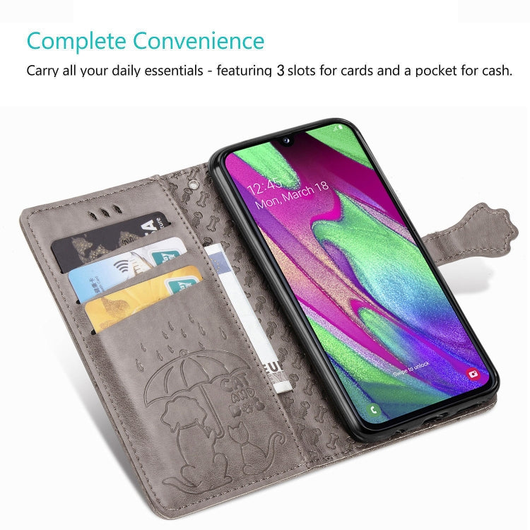 For Galaxy A40 Cute Cat and Dog Embossed Horizontal Flip Leather Case with Bracket / Card Slot / Wallet / Lanyard