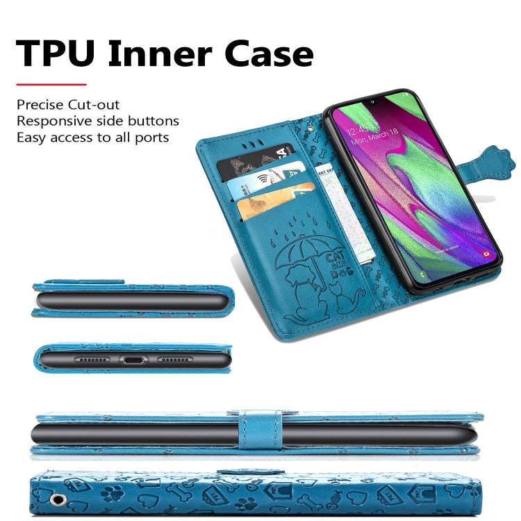 For Galaxy A40 Cute Cat and Dog Embossed Horizontal Flip Leather Case with Bracket / Card Slot / Wallet / Lanyard