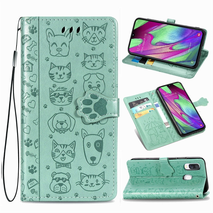 For Galaxy A40 Cute Cat and Dog Embossed Horizontal Flip Leather Case with Bracket / Card Slot / Wallet / Lanyard