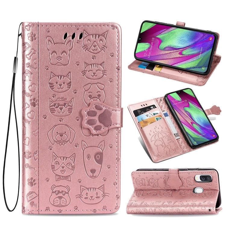 For Galaxy A40 Cute Cat and Dog Embossed Horizontal Flip Leather Case with Bracket / Card Slot / Wallet / Lanyard