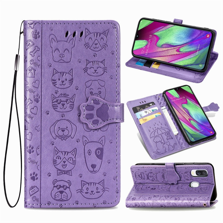For Galaxy A40 Cute Cat and Dog Embossed Horizontal Flip Leather Case with Bracket / Card Slot / Wallet / Lanyard