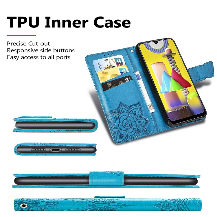 For Galaxy M31 Butterfly Love Flower Embossed Horizontal Flip Leather Case with Bracket / Card Slot / Wallet / Lanyard