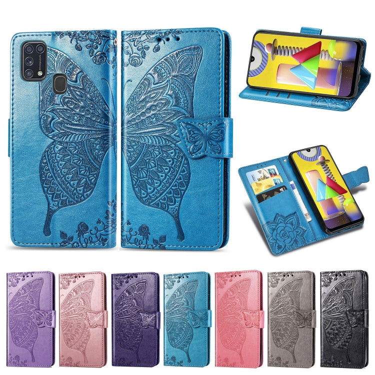 For Galaxy M31 Butterfly Love Flower Embossed Horizontal Flip Leather Case with Bracket / Card Slot / Wallet / Lanyard