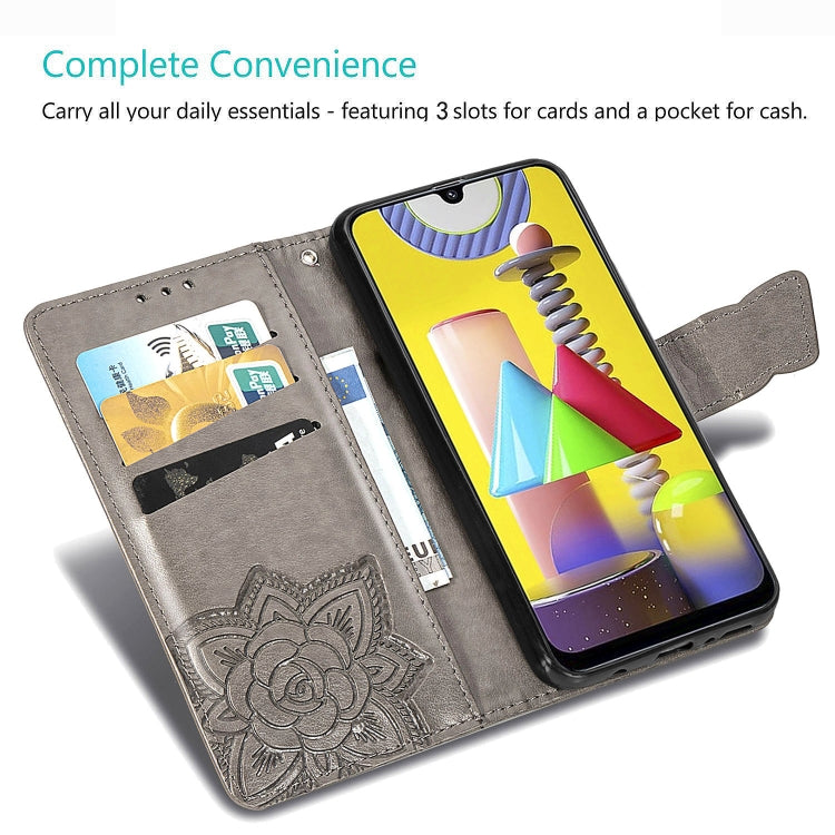 For Galaxy M31 Butterfly Love Flower Embossed Horizontal Flip Leather Case with Bracket / Card Slot / Wallet / Lanyard