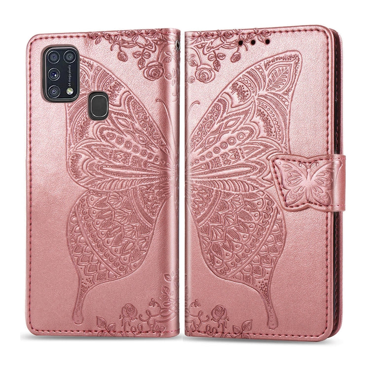 For Galaxy M31 Butterfly Love Flower Embossed Horizontal Flip Leather Case with Bracket / Card Slot / Wallet / Lanyard