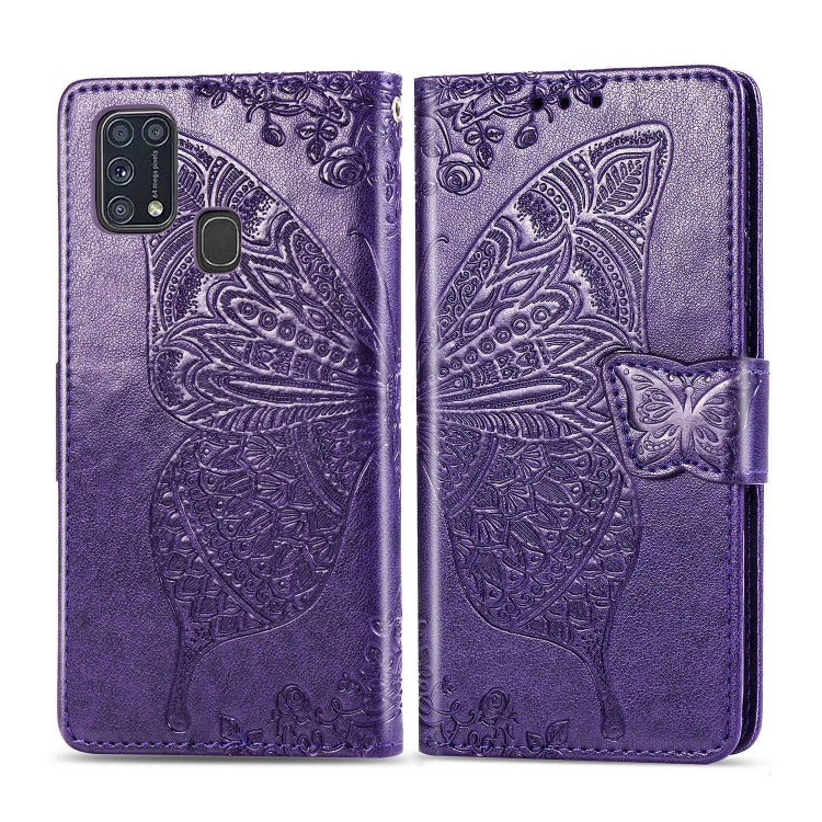 For Galaxy M31 Butterfly Love Flower Embossed Horizontal Flip Leather Case with Bracket / Card Slot / Wallet / Lanyard
