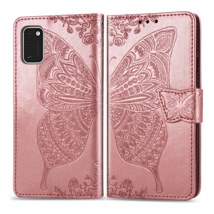 For Galaxy A41 Butterfly Love Flower Embossed Horizontal Flip Leather Case with Bracket / Card Slot / Wallet / Lanyard