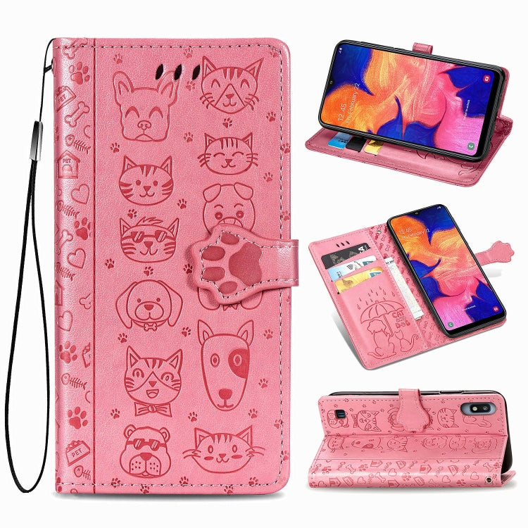 For Galaxy A10 Cute Cat and Dog Embossed Horizontal Flip Leather Case with Bracket / Card Slot / Wallet / Lanyard