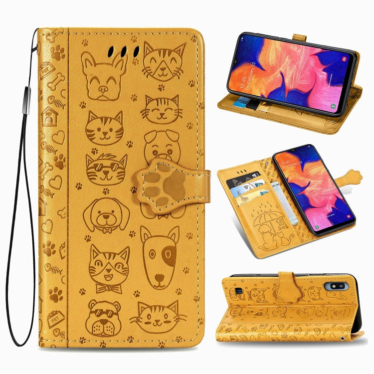 For Galaxy A10 Cute Cat and Dog Embossed Horizontal Flip Leather Case with Bracket / Card Slot / Wallet / Lanyard