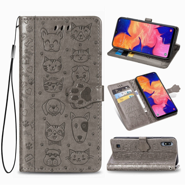 For Galaxy A10 Cute Cat and Dog Embossed Horizontal Flip Leather Case with Bracket / Card Slot / Wallet / Lanyard