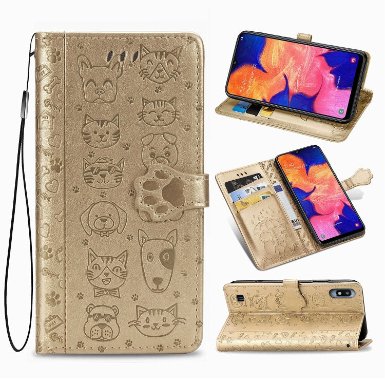 For Galaxy A10 Cute Cat and Dog Embossed Horizontal Flip Leather Case with Bracket / Card Slot / Wallet / Lanyard