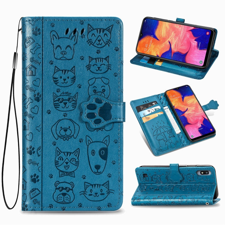 For Galaxy A10 Cute Cat and Dog Embossed Horizontal Flip Leather Case with Bracket / Card Slot / Wallet / Lanyard