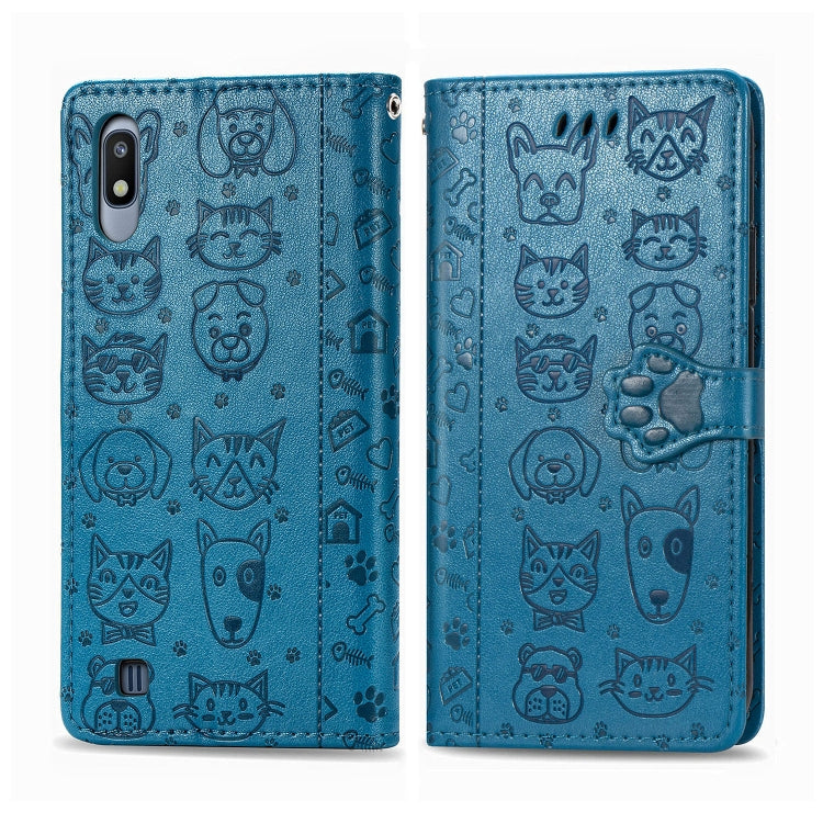 For Galaxy A10 Cute Cat and Dog Embossed Horizontal Flip Leather Case with Bracket / Card Slot / Wallet / Lanyard