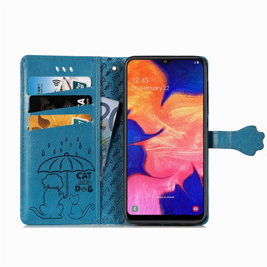For Galaxy A10 Cute Cat and Dog Embossed Horizontal Flip Leather Case with Bracket / Card Slot / Wallet / Lanyard