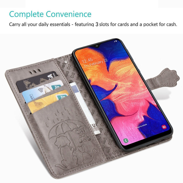 For Galaxy A10 Cute Cat and Dog Embossed Horizontal Flip Leather Case with Bracket / Card Slot / Wallet / Lanyard