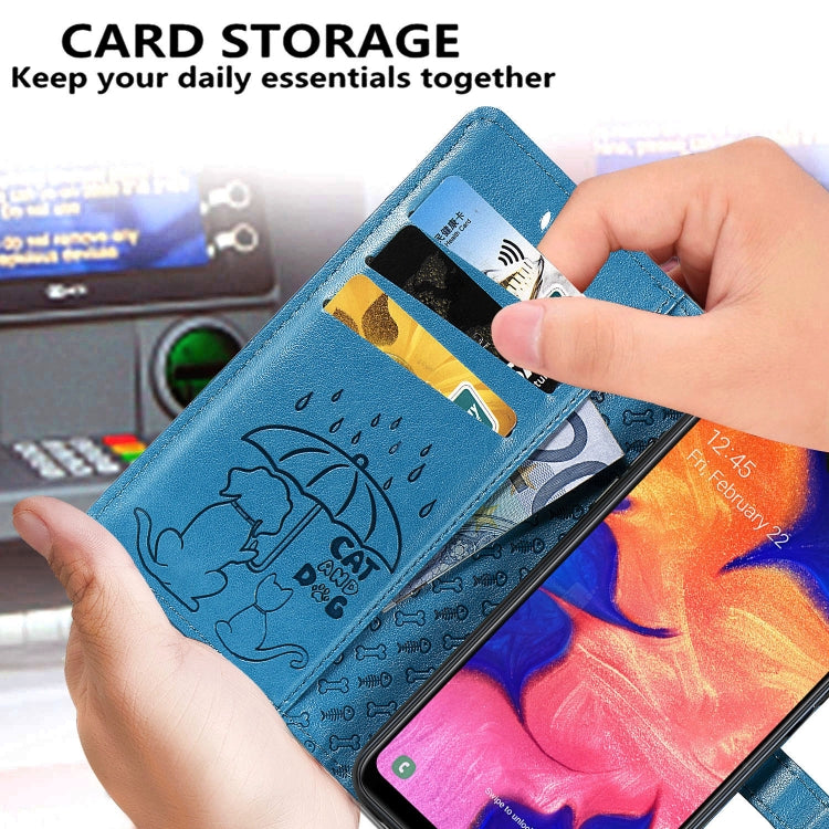 For Galaxy A10 Cute Cat and Dog Embossed Horizontal Flip Leather Case with Bracket / Card Slot / Wallet / Lanyard