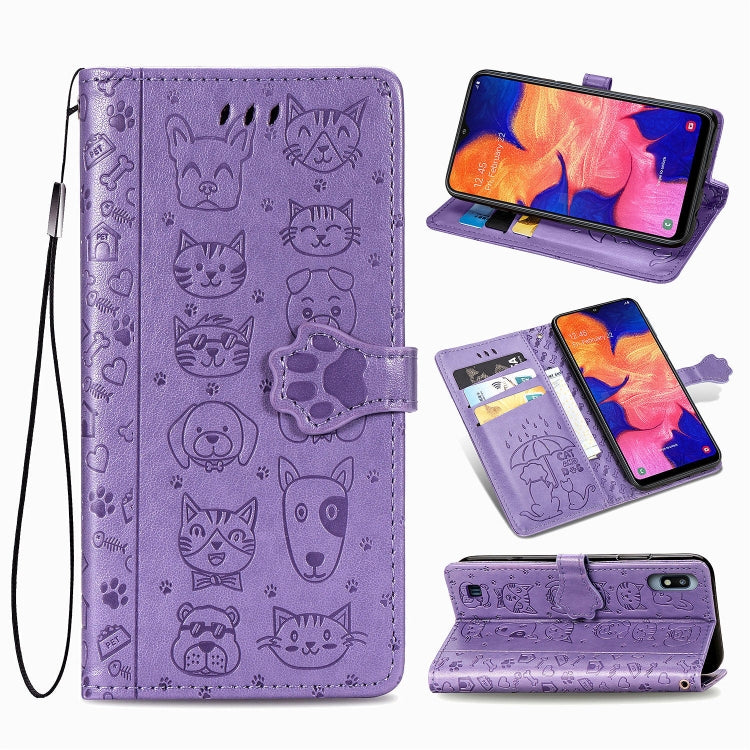 For Galaxy A10 Cute Cat and Dog Embossed Horizontal Flip Leather Case with Bracket / Card Slot / Wallet / Lanyard
