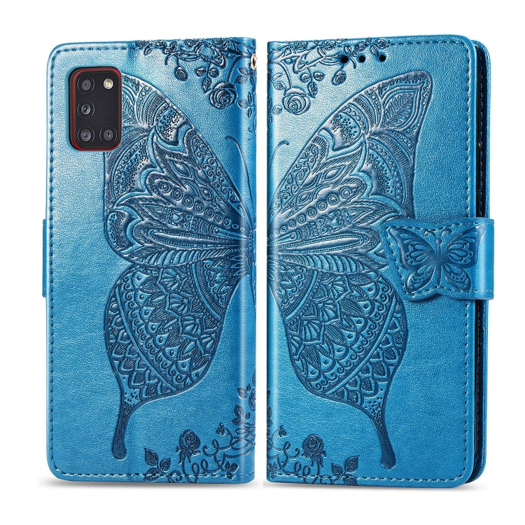 For Galaxy A31 Butterfly Love Flower Embossed Horizontal Flip Leather Case with Bracket / Card Slot / Wallet / Lanyard