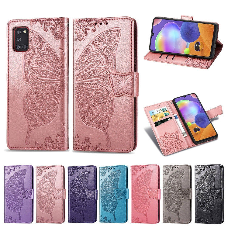 For Galaxy A31 Butterfly Love Flower Embossed Horizontal Flip Leather Case with Bracket / Card Slot / Wallet / Lanyard