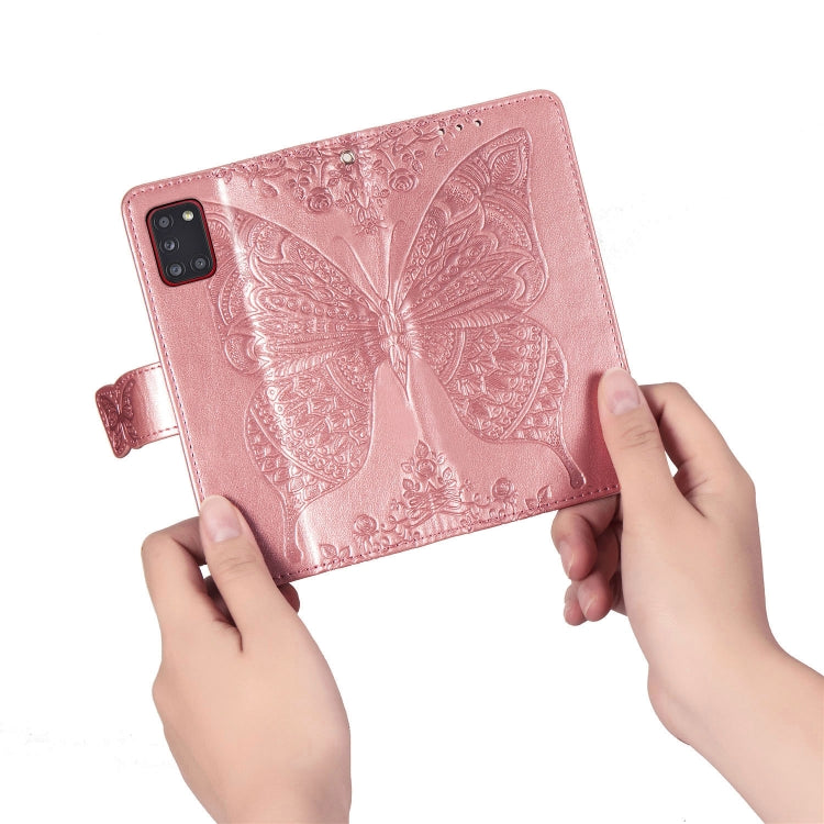 For Galaxy A31 Butterfly Love Flower Embossed Horizontal Flip Leather Case with Bracket / Card Slot / Wallet / Lanyard