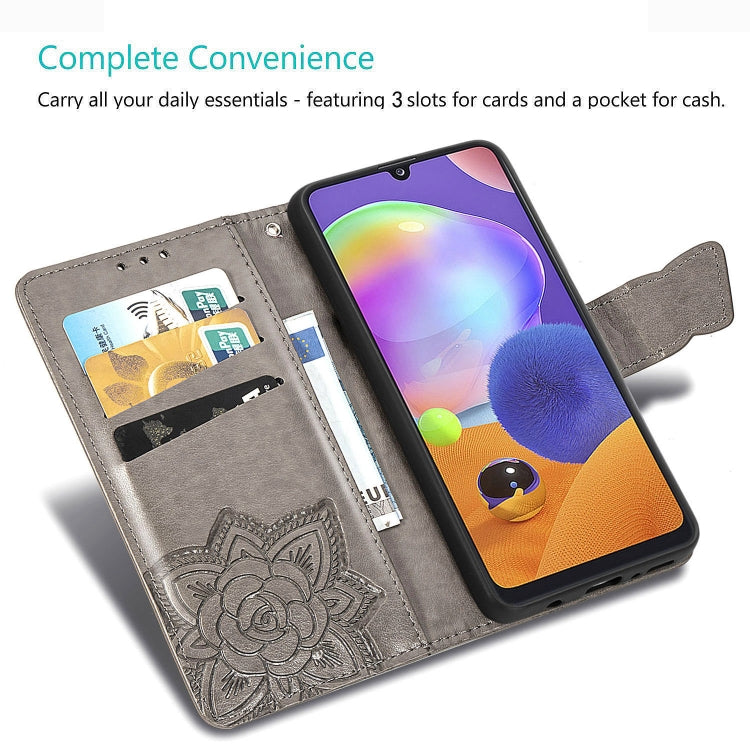 For Galaxy A31 Butterfly Love Flower Embossed Horizontal Flip Leather Case with Bracket / Card Slot / Wallet / Lanyard
