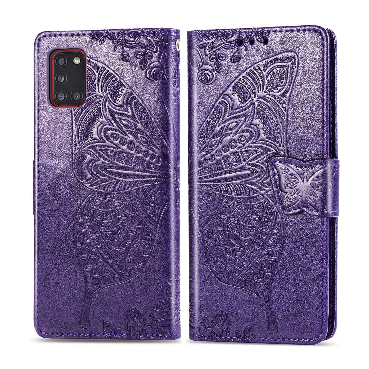 For Galaxy A31 Butterfly Love Flower Embossed Horizontal Flip Leather Case with Bracket / Card Slot / Wallet / Lanyard