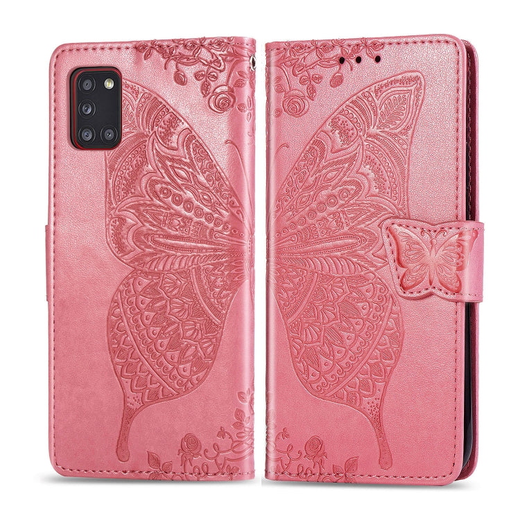 For Galaxy A31 Butterfly Love Flower Embossed Horizontal Flip Leather Case with Bracket / Card Slot / Wallet / Lanyard