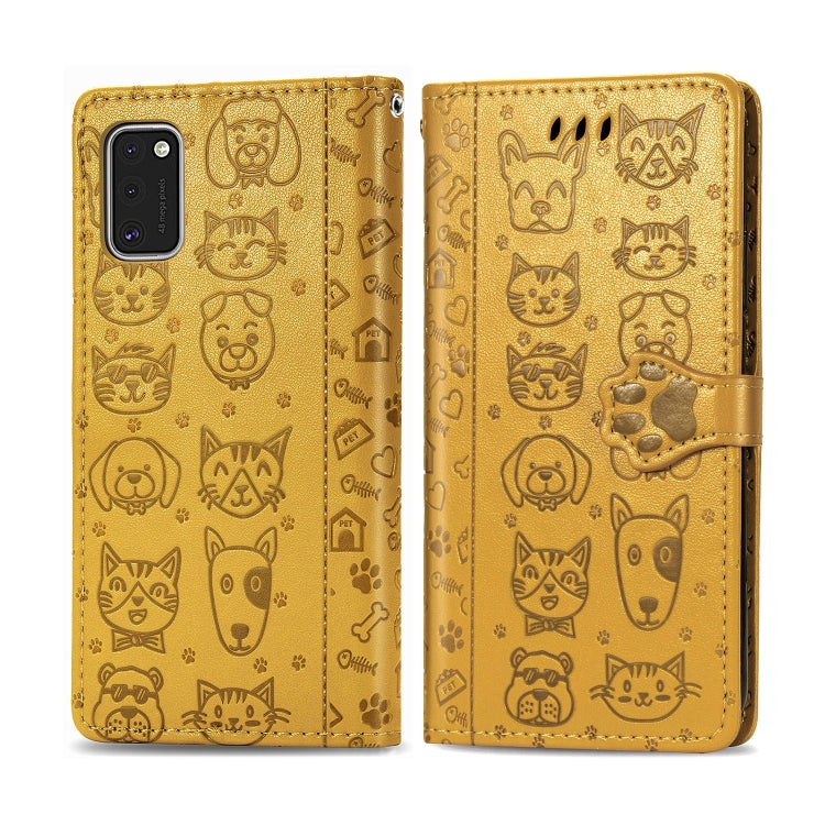 For Galaxy A41 Cute Cat and Dog Embossed Horizontal Flip Leather Case with Bracket / Card Slot / Wallet / Lanyard