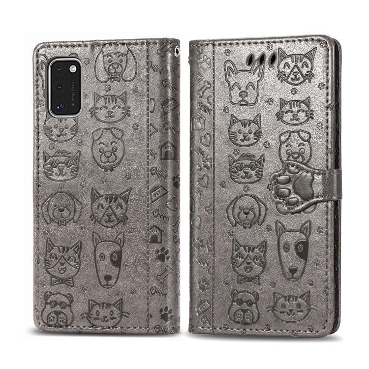 For Galaxy A41 Cute Cat and Dog Embossed Horizontal Flip Leather Case with Bracket / Card Slot / Wallet / Lanyard