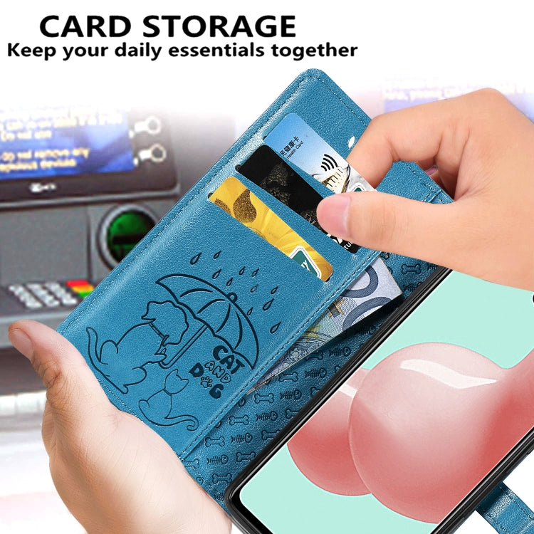 For Galaxy A41 Cute Cat and Dog Embossed Horizontal Flip Leather Case with Bracket / Card Slot / Wallet / Lanyard