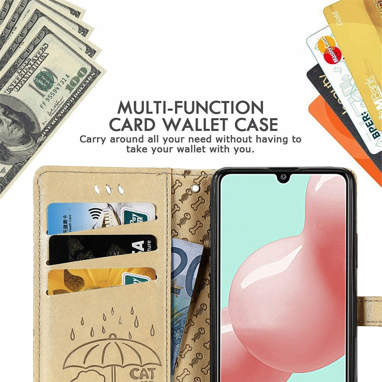 For Galaxy A41 Cute Cat and Dog Embossed Horizontal Flip Leather Case with Bracket / Card Slot / Wallet / Lanyard
