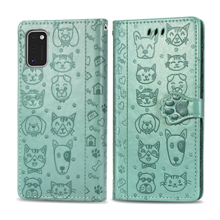 For Galaxy A41 Cute Cat and Dog Embossed Horizontal Flip Leather Case with Bracket / Card Slot / Wallet / Lanyard