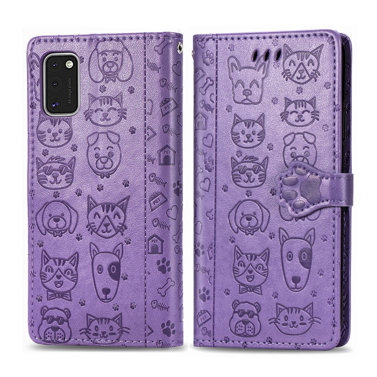 For Galaxy A41 Cute Cat and Dog Embossed Horizontal Flip Leather Case with Bracket / Card Slot / Wallet / Lanyard