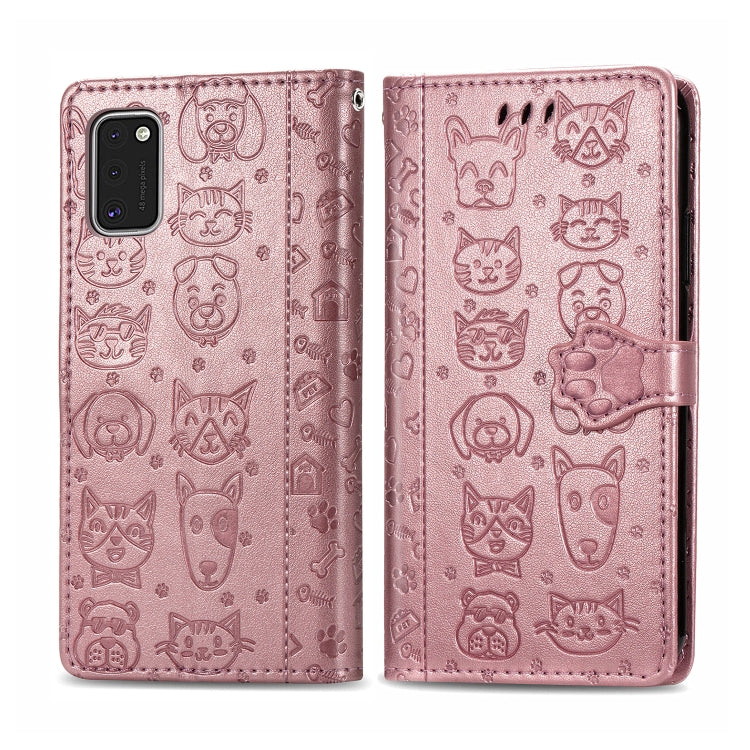 For Galaxy A41 Cute Cat and Dog Embossed Horizontal Flip Leather Case with Bracket / Card Slot / Wallet / Lanyard