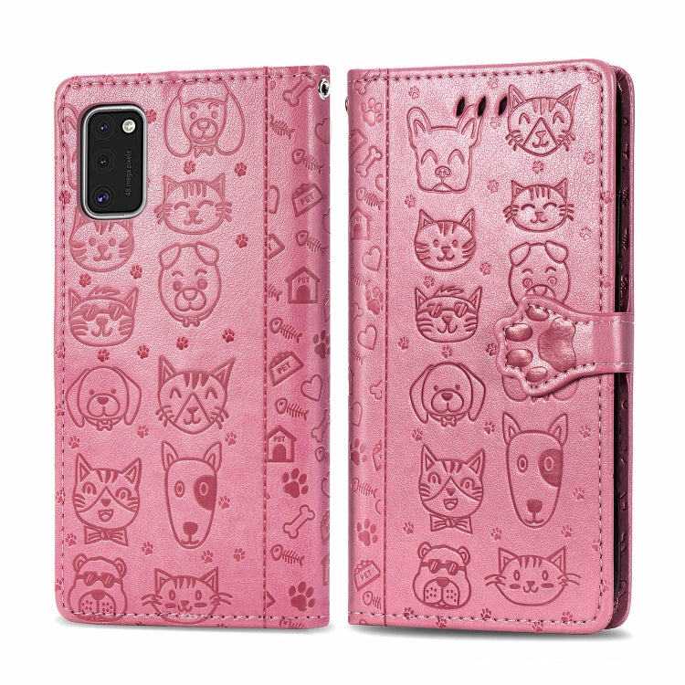 For Galaxy A41 Cute Cat and Dog Embossed Horizontal Flip Leather Case with Bracket / Card Slot / Wallet / Lanyard