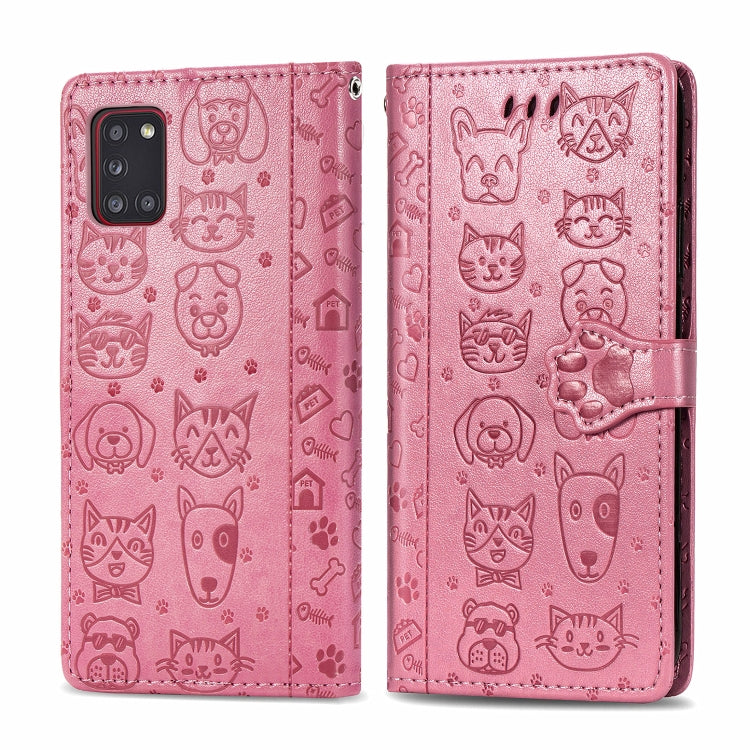 For Galaxy A31 Cute Cat and Dog Embossed Horizontal Flip Leather Case with Bracket / Card Slot / Wallet / Lanyard