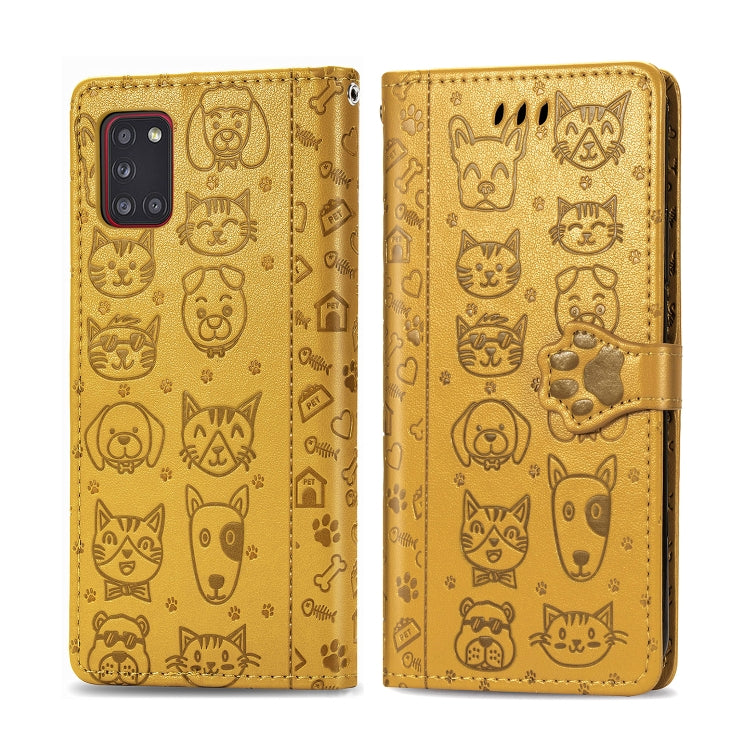 For Galaxy A31 Cute Cat and Dog Embossed Horizontal Flip Leather Case with Bracket / Card Slot / Wallet / Lanyard