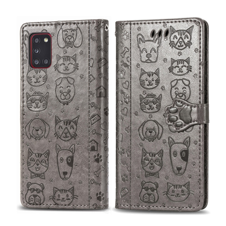 For Galaxy A31 Cute Cat and Dog Embossed Horizontal Flip Leather Case with Bracket / Card Slot / Wallet / Lanyard