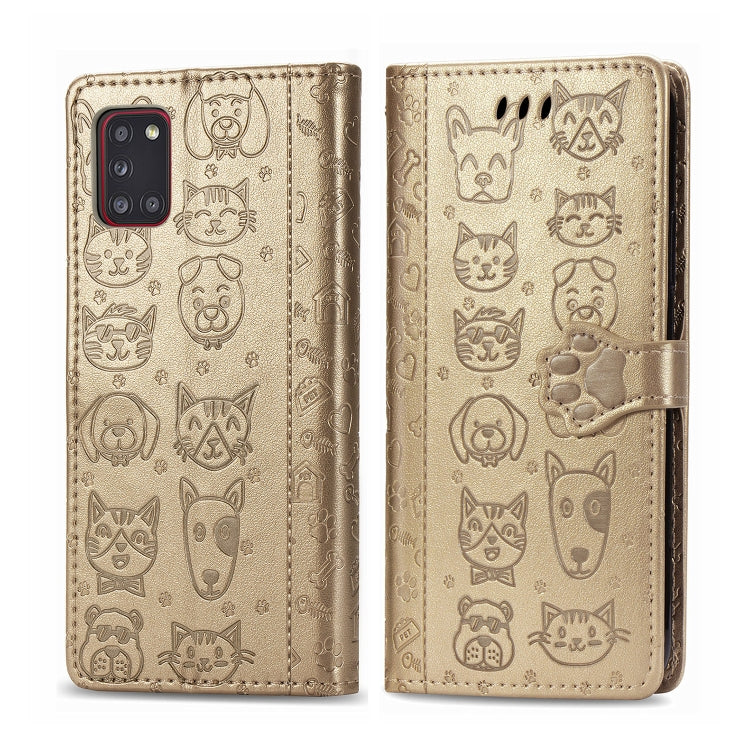For Galaxy A31 Cute Cat and Dog Embossed Horizontal Flip Leather Case with Bracket / Card Slot / Wallet / Lanyard