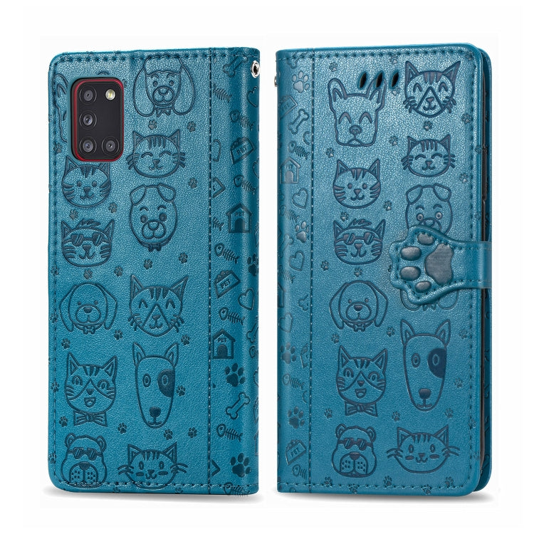 For Galaxy A31 Cute Cat and Dog Embossed Horizontal Flip Leather Case with Bracket / Card Slot / Wallet / Lanyard