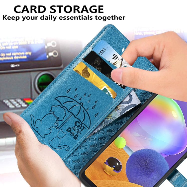 For Galaxy A31 Cute Cat and Dog Embossed Horizontal Flip Leather Case with Bracket / Card Slot / Wallet / Lanyard