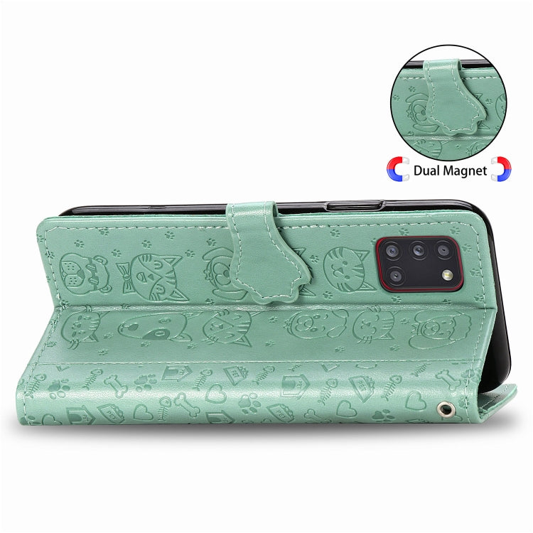 For Galaxy A31 Cute Cat and Dog Embossed Horizontal Flip Leather Case with Bracket / Card Slot / Wallet / Lanyard