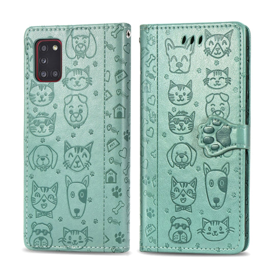 For Galaxy A31 Cute Cat and Dog Embossed Horizontal Flip Leather Case with Bracket / Card Slot / Wallet / Lanyard