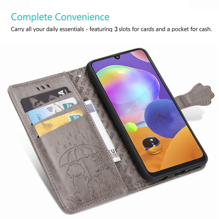 For Galaxy A31 Cute Cat and Dog Embossed Horizontal Flip Leather Case with Bracket / Card Slot / Wallet / Lanyard