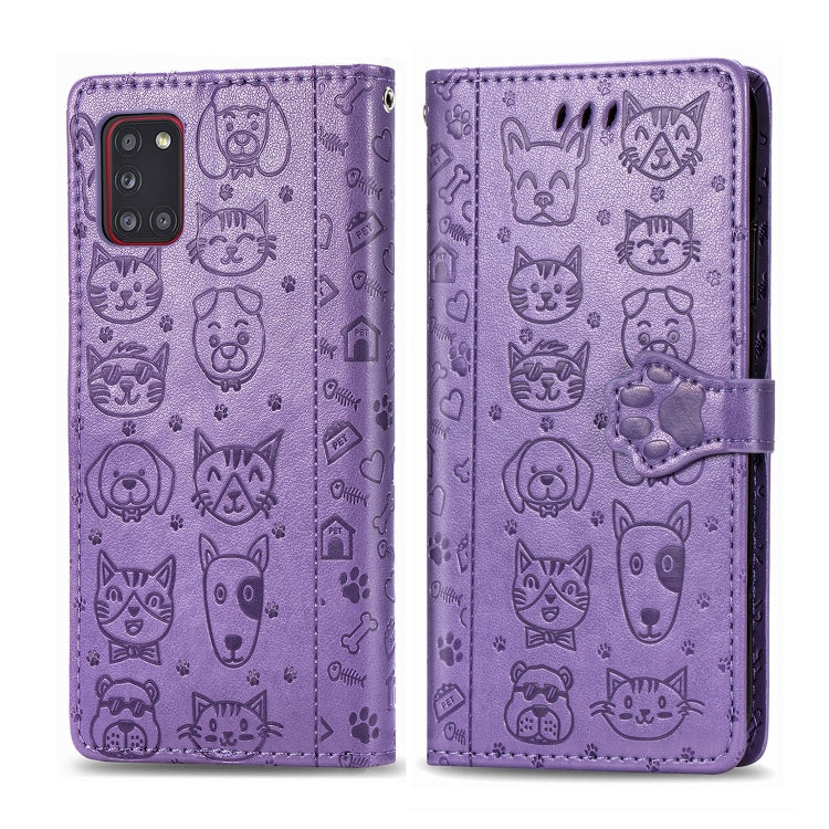 For Galaxy A31 Cute Cat and Dog Embossed Horizontal Flip Leather Case with Bracket / Card Slot / Wallet / Lanyard